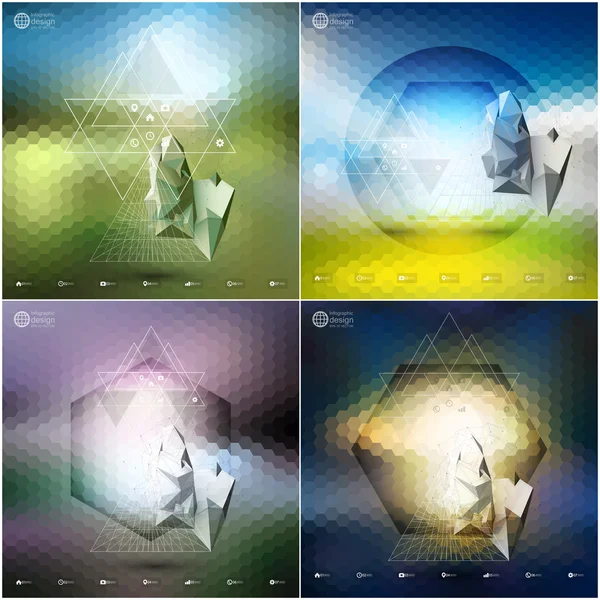 Abstract 3D pyramids, abstract hexagonal patterns. Infographic templates set for business or science design — Stock Illustration Abstract 3D pyramids, abstract hexagonal patterns. Infographic templates set for business or science design Royalty Free Stock Illustrations