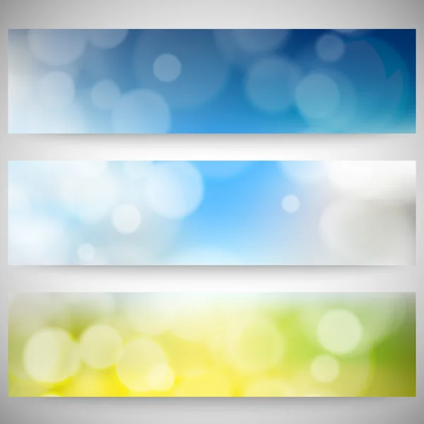 Blurry backgrounds set with bokeh effect. Abstract banners set, template vector — Stock Vector