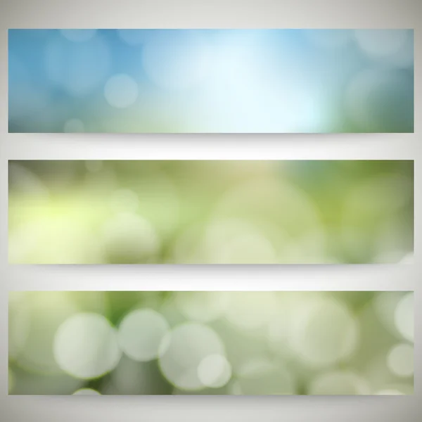 Blurry backgrounds set with bokeh effect. Abstract banners set, template vector — Stock Vector