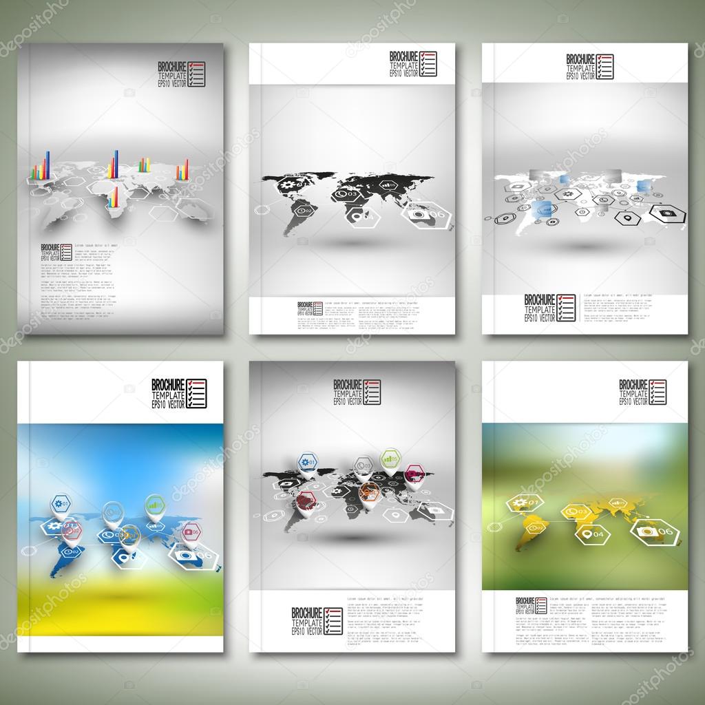 Set of world maps in perspective, blurred infographic vectors. Brochure, flyer or report for business, templates vector