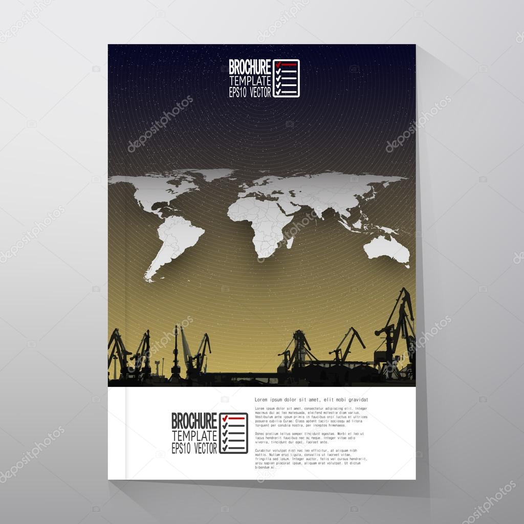 Shipyard, harbor skyline, night design, world map vector. Brochure, flyer or report for business, templates vector