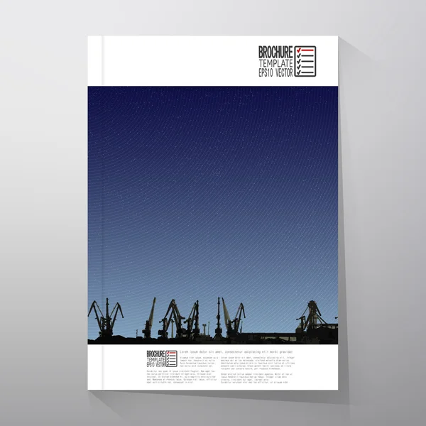 Scheepswerf, de skyline van de haven, nacht ontwerp vector. Brochure, flyer of verslag voor het bedrijfsleven, sjablonen vector — Stockvector