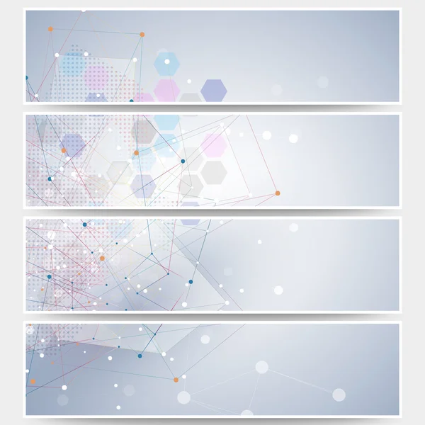Web-Banner-Set, Vorlagen für Kopfzeilen-Layouts im Molekulardesign. Molekülstruktur, blauer Hintergrund für Kommunikation, wissenschaftliche Vektorillustration — Stockvektor