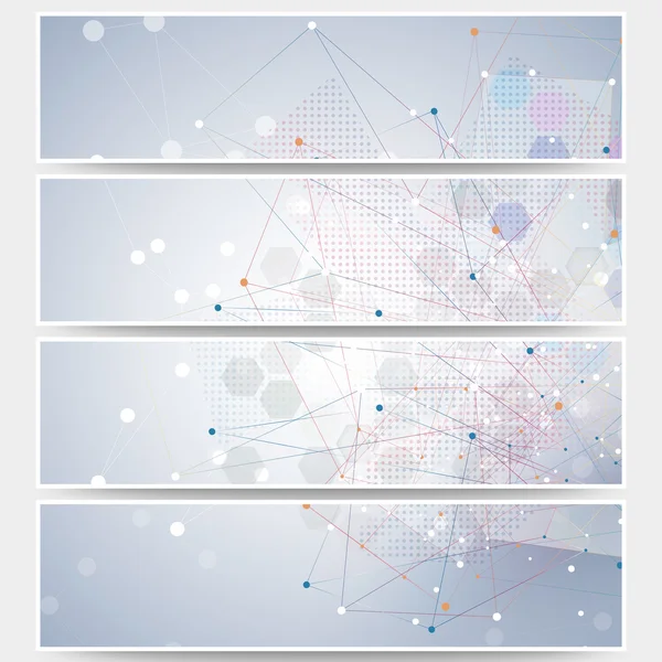 Ensemble de bannières Web, modèles de mise en page d'en-tête de conception moléculaire. Structure moléculaire, fond bleu pour la communication, illustration vectorielle scientifique — Image vectorielle