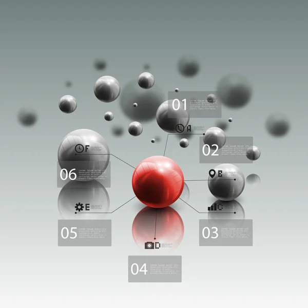 Sfere in movimento su sfondo grigio. Sfera rossa con elementi infografici per il business, illustrazione astratta geometrica del modello vettoriale — Vettoriale Stock