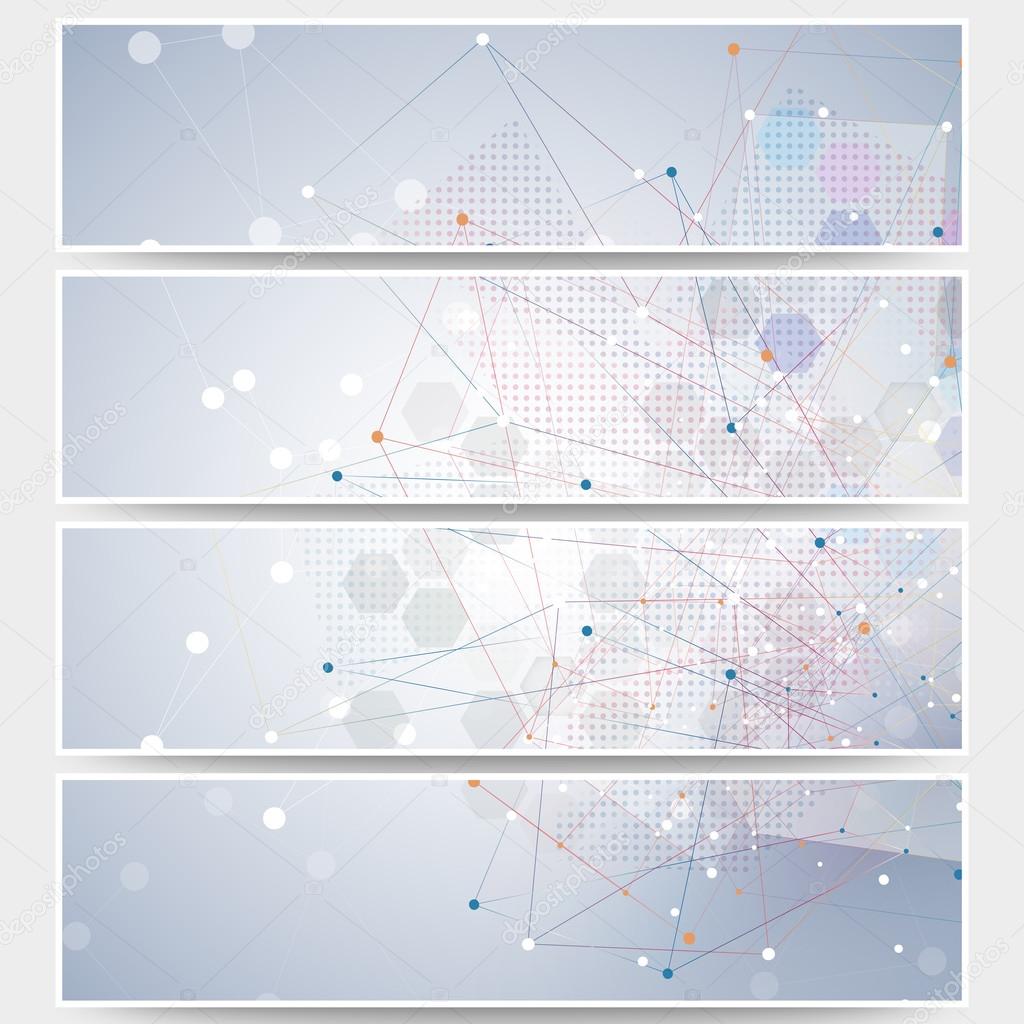Web banners set, molecular design header layout templates. Molecule structure, blue background for communication, science vector illustration