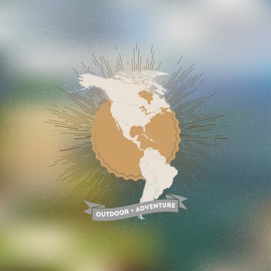Açık macera poster. Kuzey ve Güney Amerika harita üzerinde arka plan bulanık vintage tarzı yıldız patlaması, tasarımınız için retro öğesi ile
