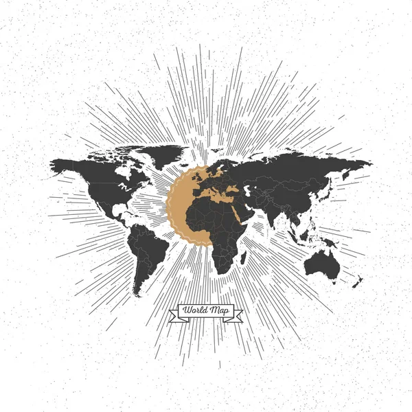 Mapa del mundo político negro con explosión estrella de estilo vintage, elemento retro para su diseño — Vector de stock