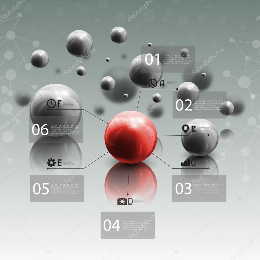 Spheres in motion on gray background. Red sphere with infographic elements for business or science report, abstract molecular geometric pattern vector illustration