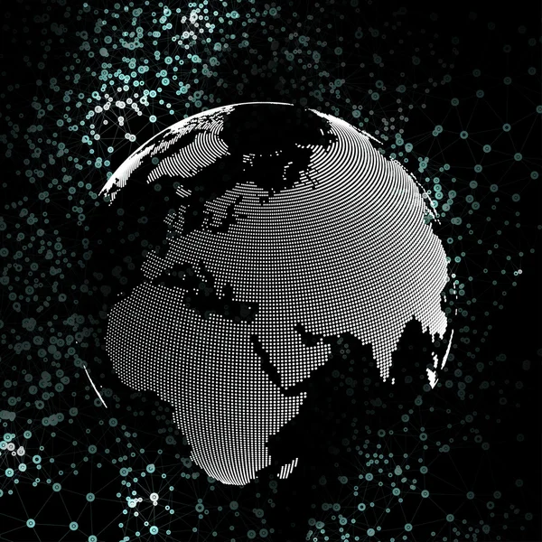 世界地球仪，全球网络。通讯、 科学矢量插画的分子结构，黑色背景 — 图库矢量图片