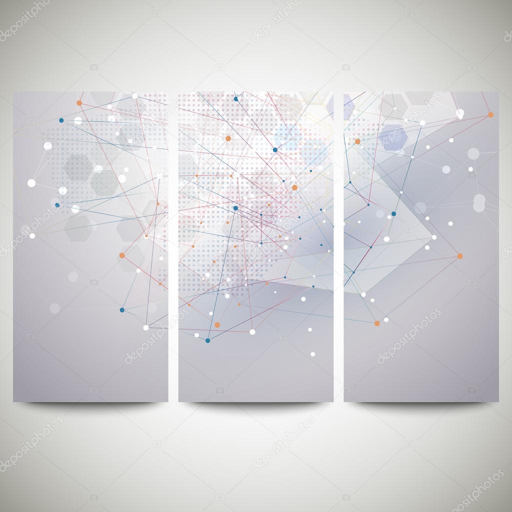 Abstract flyers set, molecular vector design. Molecule structure, blue background for communication, science illustration