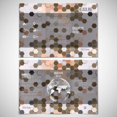 Vector set of tri-fold brochure design template on both sides with world globe element. Hexagonal modern stylish geometric brown background clipart
