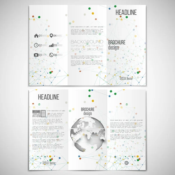 Vector set gevouwen brochure ontwerpsjabloon aan beide zijden met wereld globe element. Moleculaire gekleurde structuur, witte achtergrond. Bedrijf of wetenschap stijl, vectorillustratie — Stockvector