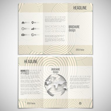 Vector set of tri-fold brochure design template on both sides with world globe element. Vintage style beige background. Modern stylish geometric decoration. Simple abstract monochrome vector texture clipart