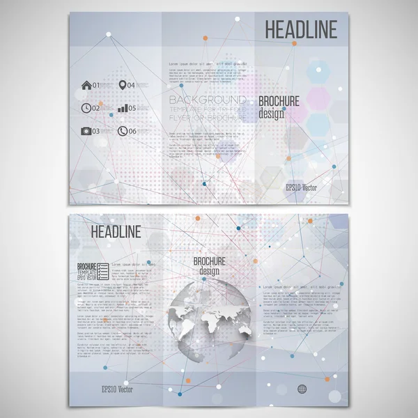 Conjunto vectorial de tríptico plantilla de diseño de folleto en ambos lados con elemento globo mundo. Estructura molecular, fondo azul para la comunicación, ilustración de vectores científicos — Archivo Imágenes Vectoriales