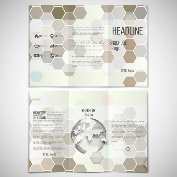 Set vettoriale di brochure trifold modello di design su entrambi i lati con elemento globo mondo. Esagonale moderno elegante geometrico sfondo marrone — Vettoriale Stock