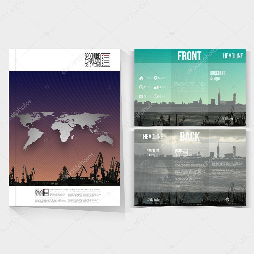 Shipyard and city landscape. Brochure, tri-fold flyer or booklet for business. Modern trendy design vector templates on both sides