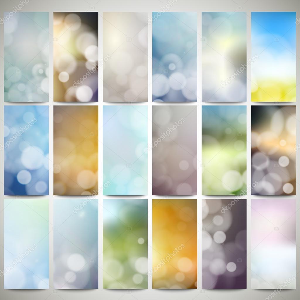 Blurry backgrounds set with bokeh effect. Abstract banners set, flyer layout vector templates