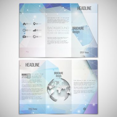 Vector set of tri-fold brochure design template on both sides with world globe element. Abstract blue geometric background, science molecular pattern, triangle style pattern vector clipart
