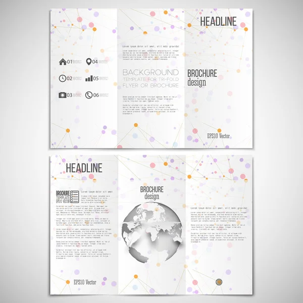 Set vettoriale di brochure trifold modello di design su entrambi i lati con elemento globo mondo. Struttura di colore molecolare, fondo bianco. Stile commerciale o scientifico, illustrazione vettoriale — Vettoriale Stock