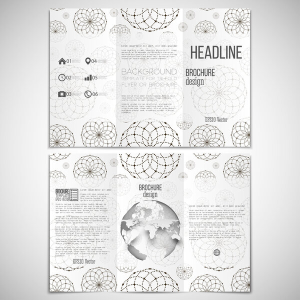 Vector set of tri-fold brochure design template on both sides with world globe element. Dotted modern stylish geometric background, circles and abstract flowers. Simple monochrome vector texture