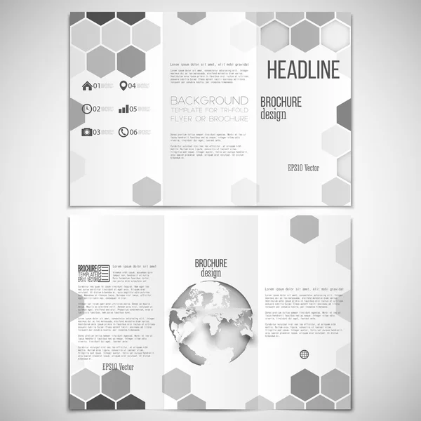 Vector set of tri-fold brochure design template on both sides with world globe element. Hexagonal modern stylish geometric brown background — Stock Vector