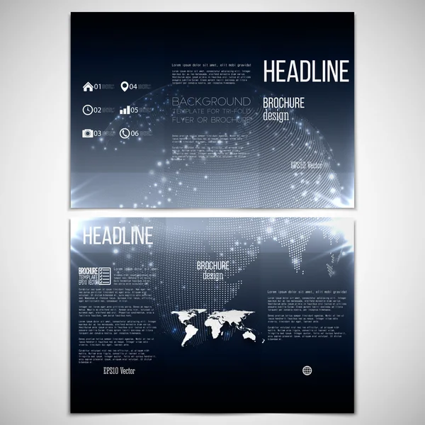 Üç katlı broşür tasarım şablonu dünya küre öğesi ile her iki tarafta vektör kümesi. Flash arka plan, karanlık gece stil vektör desen
