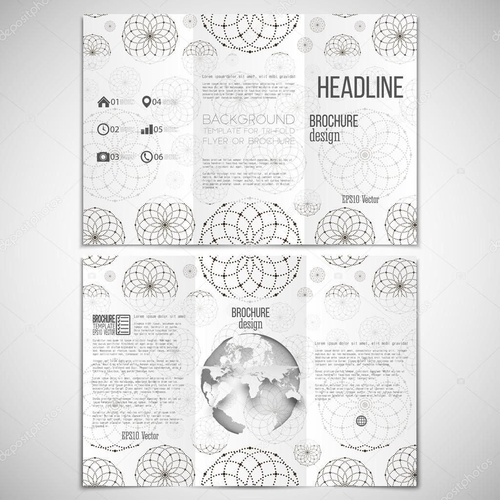 Vector set of tri-fold brochure design template on both sides with world globe element. Dotted modern stylish geometric background, circles and abstract flowers. Simple monochrome vector texture