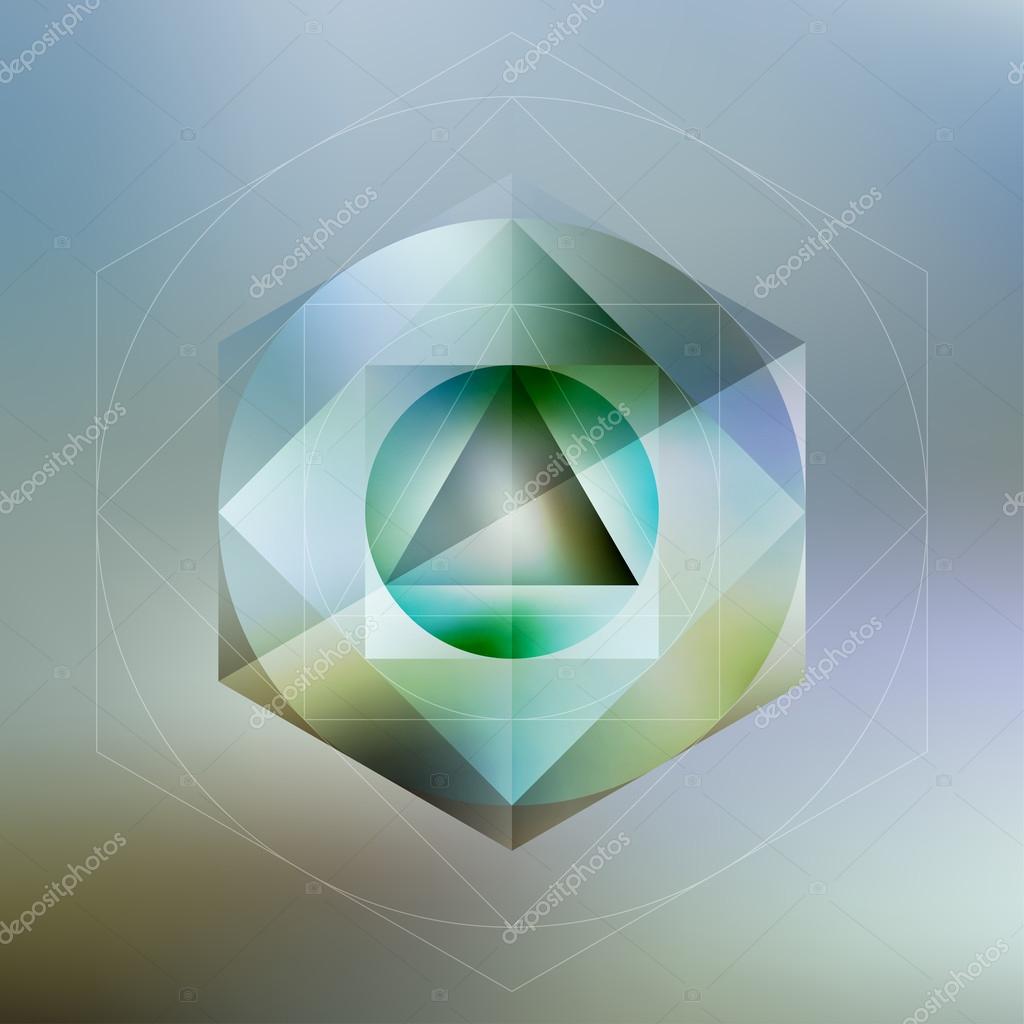 Polygon pattern with the reflection, minimalistic geometric facet crystal logo on blurred background, vector illustration