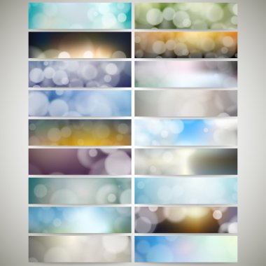 Bulanık arka planlar bokeh etkisi ile ayarlayın. Web afiş koleksiyonu, soyut başlık düzenini şablonları, vektör çizim