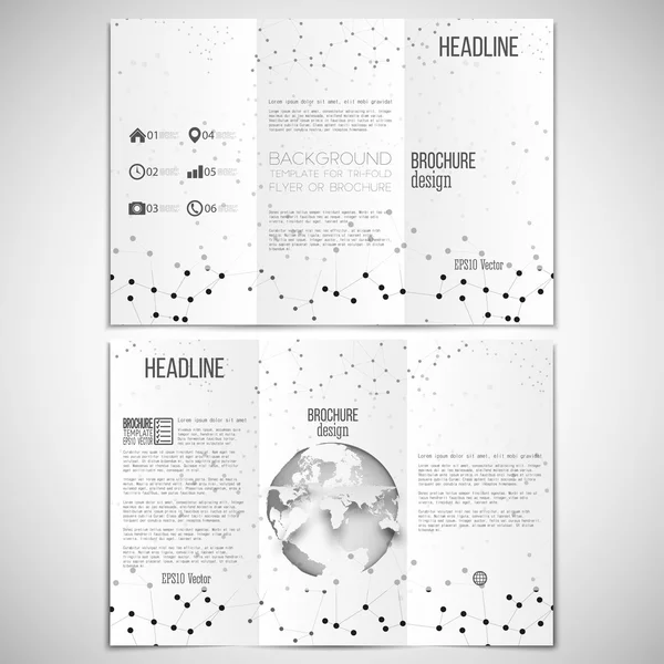 Vector set gevouwen brochure ontwerpsjabloon aan beide zijden met wereld globe element. Moleculaire zwarte structuur, witte achtergrond. Bedrijf of wetenschap stijl, vectorillustratie — Stockvector