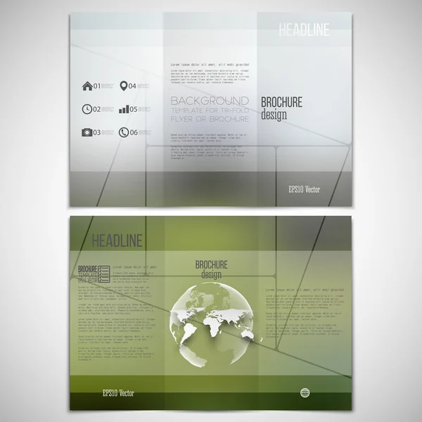 Vector uppsättning trippelvikt broschyr formgivningsmall på båda sidor med världen världen element. Mosaik mönster, minimalistisk geometriska transparenta former, suddig naturliga bakgrund, vektor illustration — Stock vektor