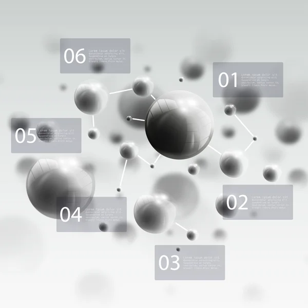 Sfere tridimensionali in acciaio incandescente, sfondo grigio. Progettazione astratta delle molecole. Progettazione infografica scientifica — Vettoriale Stock