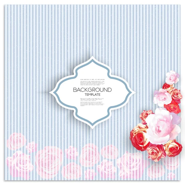 Huwelijk uitnodigingskaart met plaats voor tekst en roze bloemen over lineaire blauwe shabby achtergrond, vectorillustratie — Stockvector