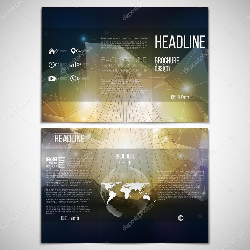 Vector set of tri-fold brochure design template on both sides with world globe element. Abstract 3D pyramid, geometric background, blue triangle style for business or science pattern vector