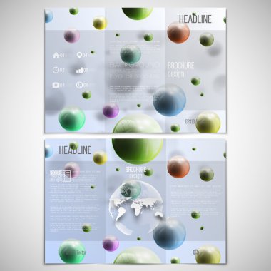 Vector set of tri-fold brochure design template on both sides with world globe element. Three dimensional glowing color spheres, blue background. Abstract colorful balls. Scientific or medical clipart