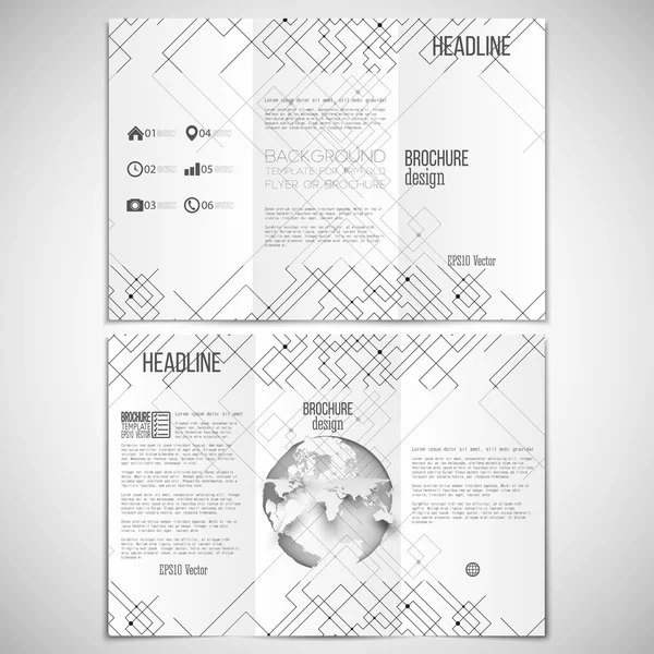 Vector set gevouwen brochure ontwerpsjabloon aan beide zijden met wereld globe element. Aangesloten lijnen, stippen en witte achtergrond. Moderne stijlvolle geometrische monochroom vector textuur — Stockvector