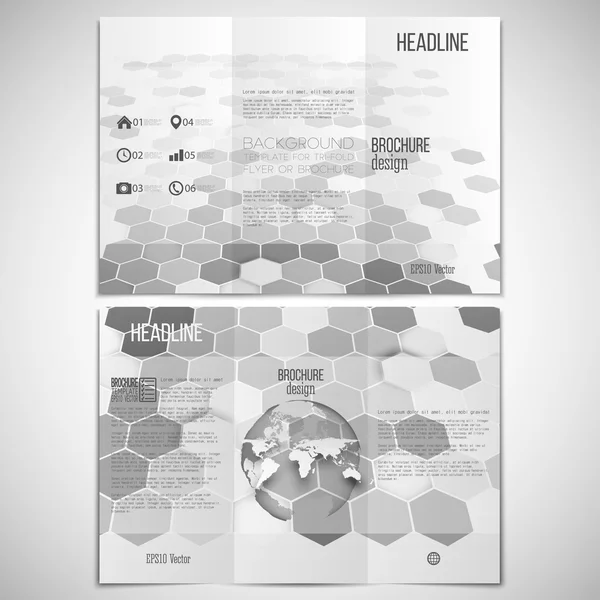 Vector set of tri-fold brochure design template on both sides with world globe element. Hexagonal modern stylish geometric brown background — Stock Vector