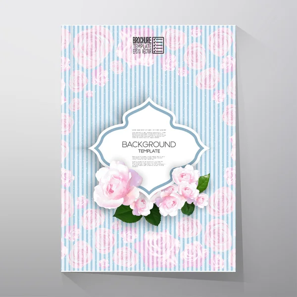 Floral background with place for text and pink flowers over linear blue background. Brochure or flyer vector template — Stock Vector