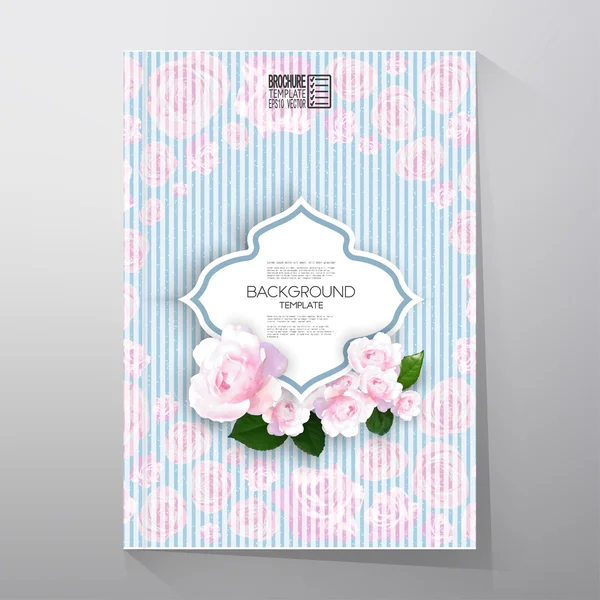 Fundo floral com lugar para texto e flores cor-de-rosa sobre fundo azul linear. Modelo de vetor de folheto ou folheto — Vetor de Stock