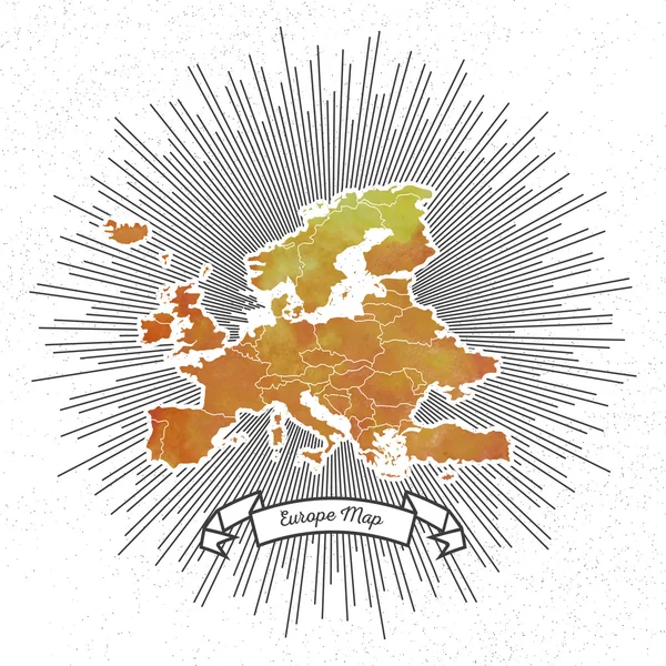 Mapa de Europa con explosión de estrellas de estilo vintage, fondo amarillo acuarela, elemento retro para su diseño — Vector de stock