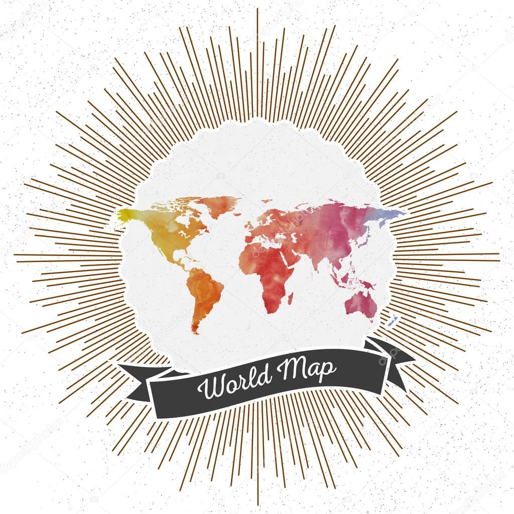 World map with vintage style star burst, colorful rainbow watercolor background, retro element for your design