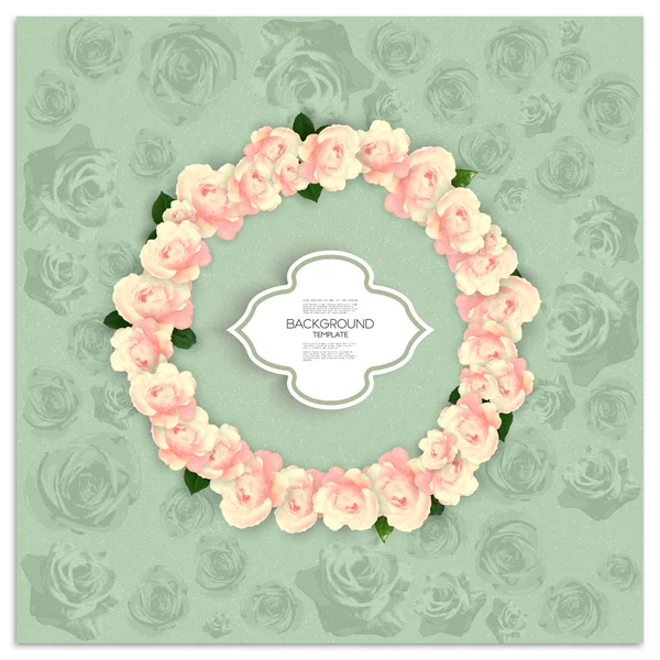 Marriage invitation card with place for text and pink flowers over green shabby background, vector illustration — Stock Vector