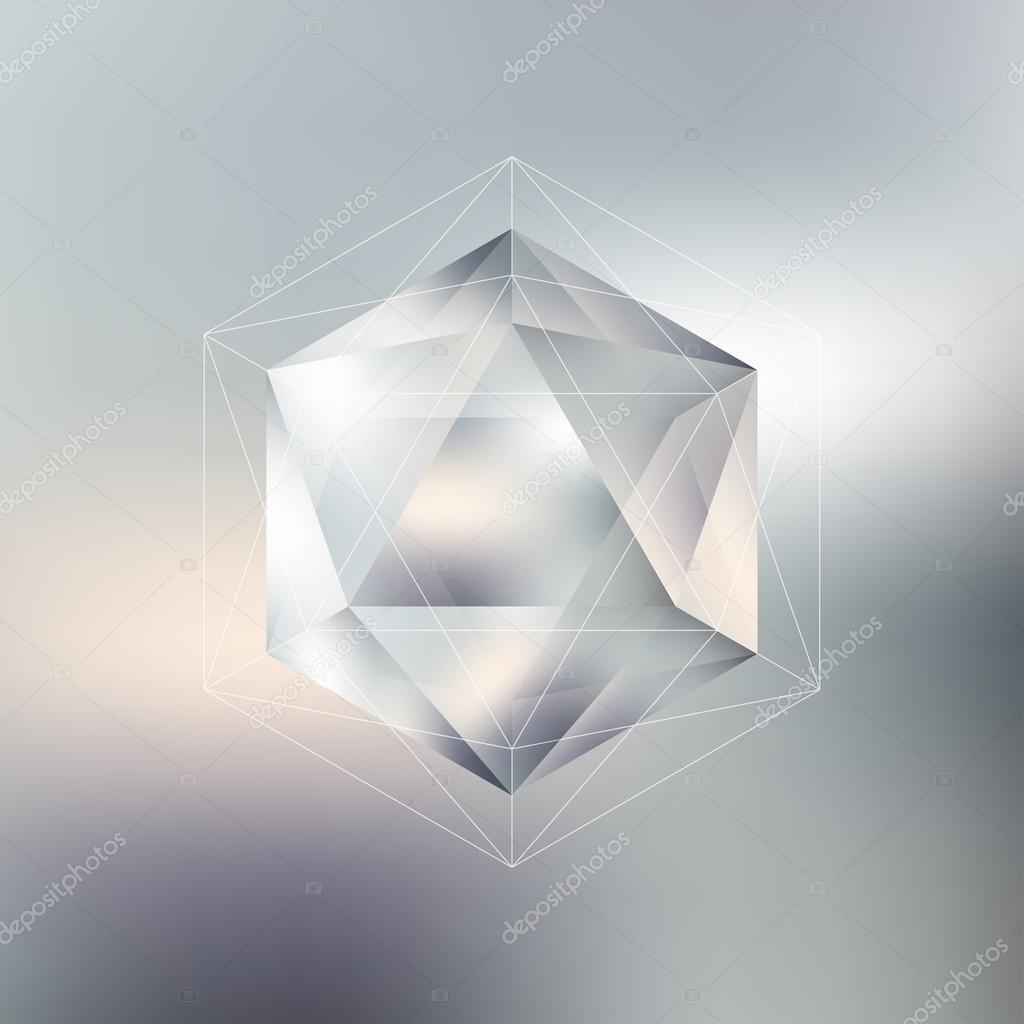 Polygon pattern with the reflection, minimalistic geometric facet crystal logo on blurred background, vector illustration