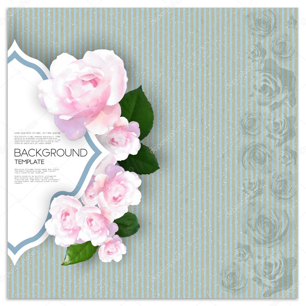 Marriage invitation card with place for text and pink flowers over linear blue background, canvas texture. Vector illustration