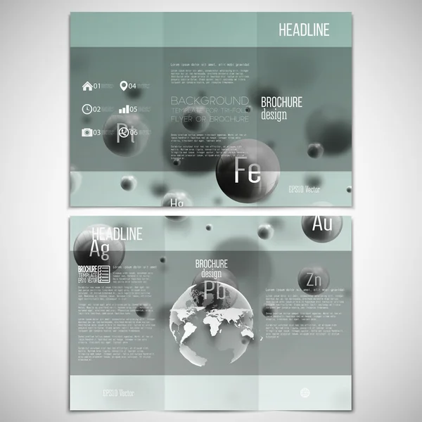 Conjunto vectorial de tríptico plantilla de diseño de folleto en ambos lados con elemento globo mundo. Esferas tridimensionales de acero brillante, fondo gris. Metales moleculares abstractos. Contexto científico — Archivo Imágenes Vectoriales