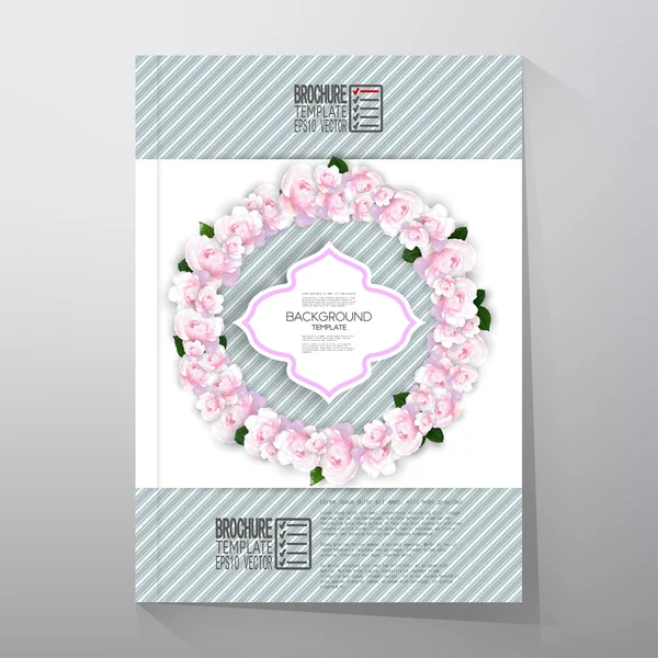 Blumenhintergrund mit Platz für Text und rosa Blumen auf linearem blauen Hintergrund. Broschüre oder Flyer-Vektorvorlage — Stockvektor