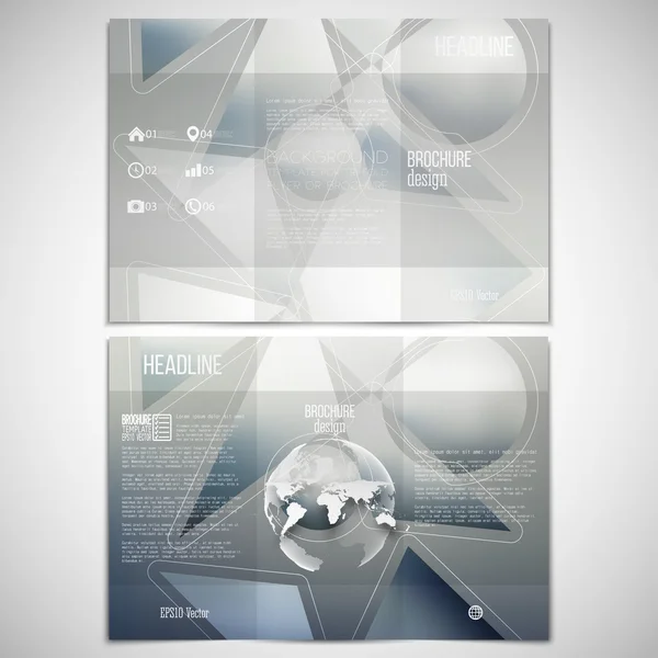 Vector set gevouwen brochure ontwerpsjabloon aan beide zijden met wereld globe element. Abstract patroon, onscherpe achtergrond, minimalistische geometrische vectorillustratie — Stockvector
