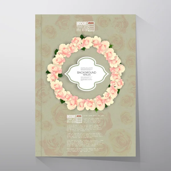 Fundo floral com lugar para texto e flores cor de rosa sobre textura de lona. Modelo de vetor de folheto ou folheto —  Vetores de Stock