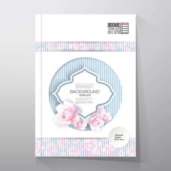 Floral achtergrond met plaats voor tekst en roze bloemen over lineaire blauwe achtergrond. Brochure of flyer vector sjabloon — Stockvector